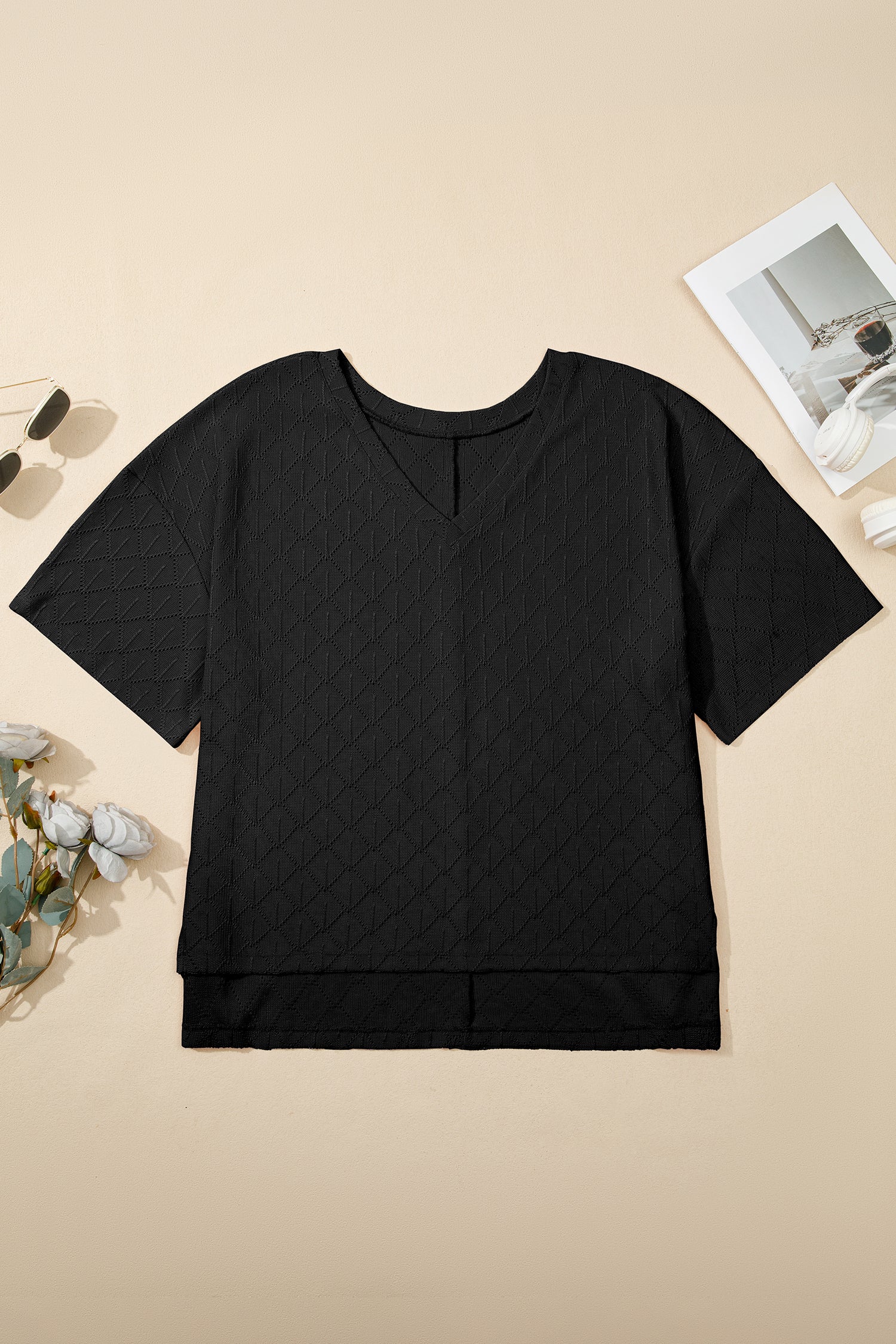 Black Pointelle Rhombus Knit Plus Size V Neck Loose Top 55f383241bcae273