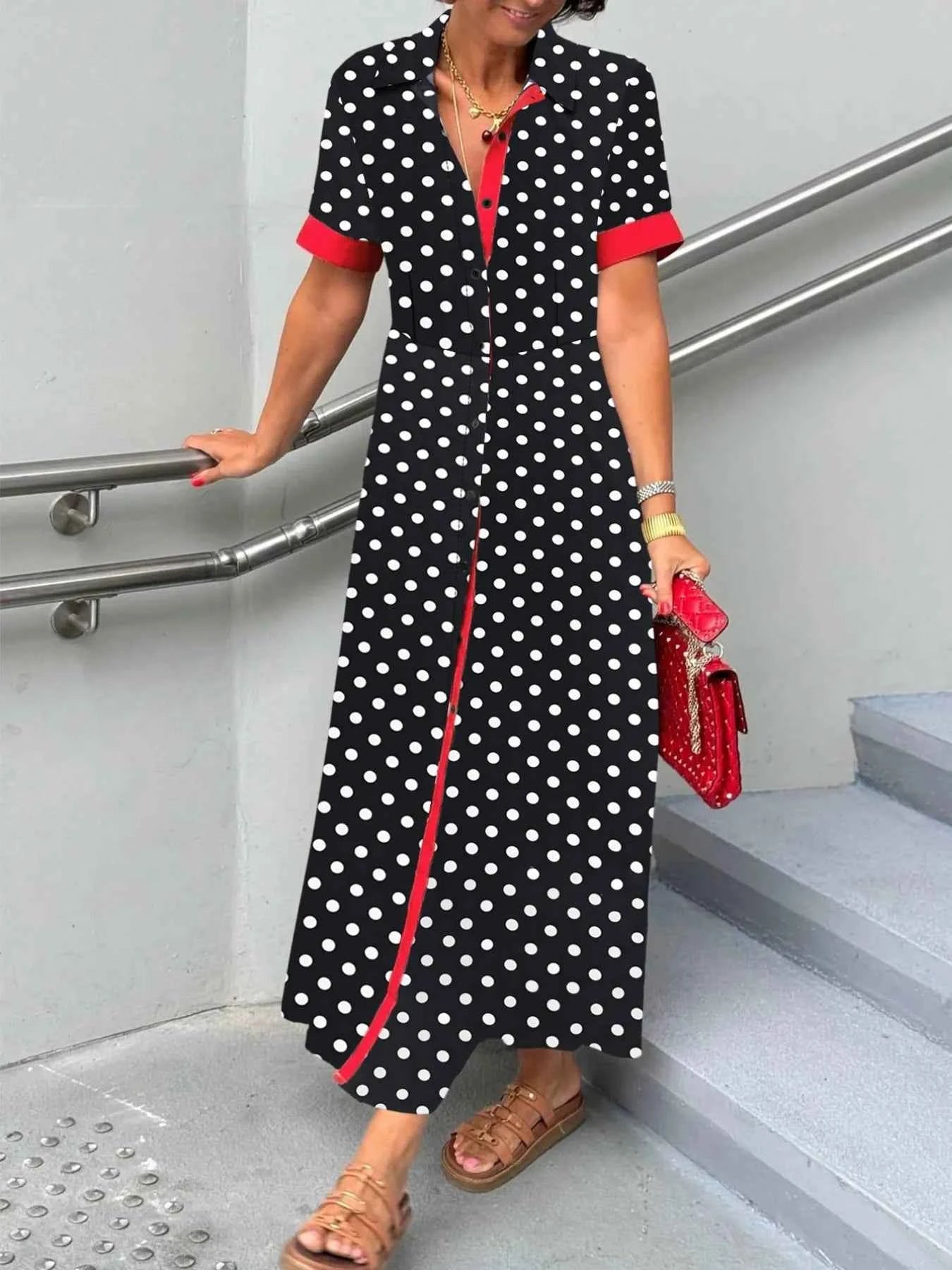 Polka Dot Short Sleeve Maxi Shirt Dress Black 55f5a40f-8626-442e-ad54-89ddea0a1ccc-Max-Origin