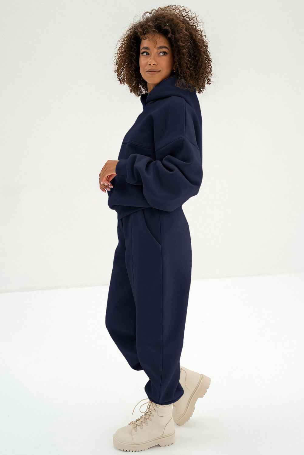 Navy Blue Solid Exposed Seams Hoodie and Joggers Activewear Set 55f68734e7412b71