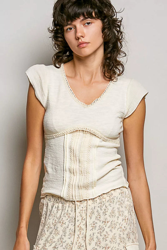 POL V-Neck Lightweight Textured Short Sleeve Knit Top with Lace Trim CREAM 55f7eba4-194a-4f10-9efe-c908e70daae0-Max-Origin