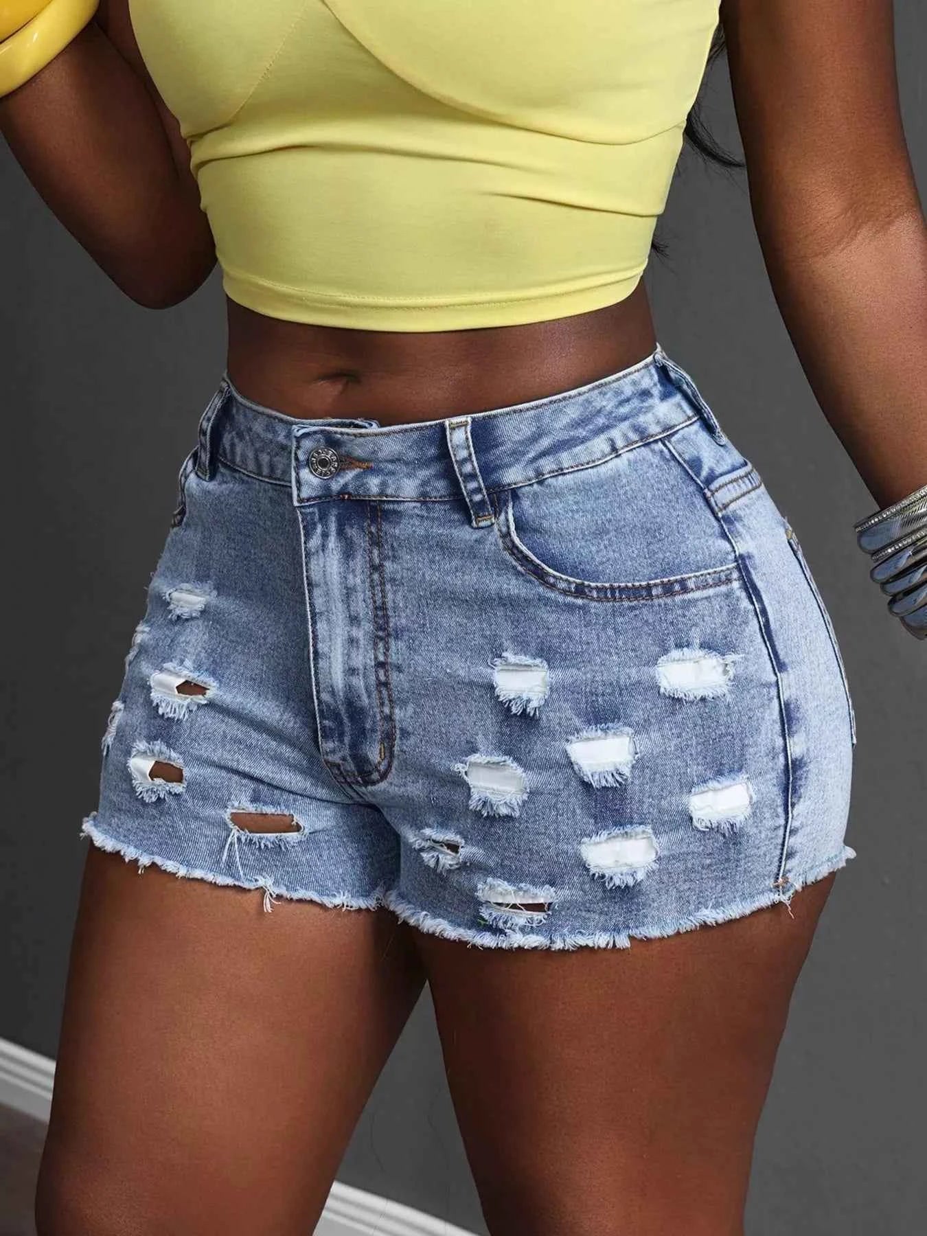 Distressed Denim Shorts with Pockets