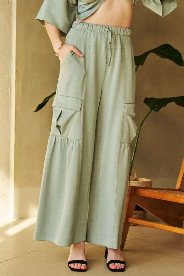 Davi & Dani Drawstring Ruched Detail Wide Leg Pants 5603c834-bb6d-4779-917a-fb4e9d1b4339-Max