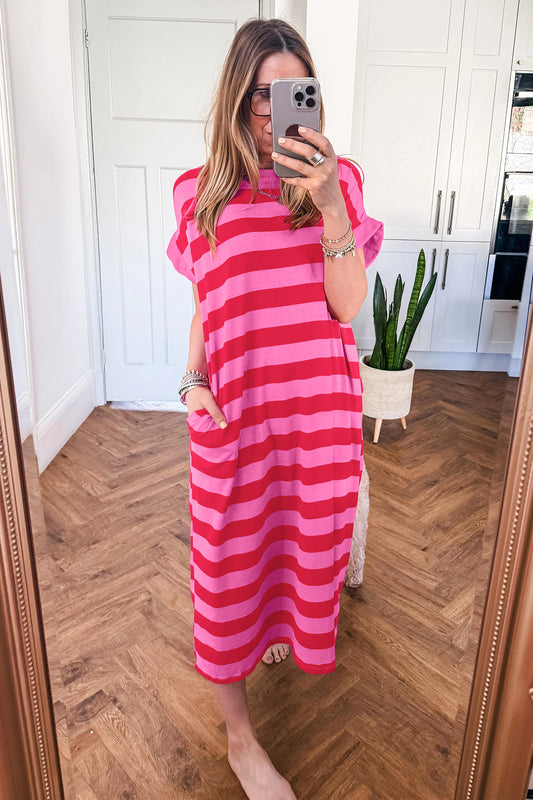 Rose Stripe Cuffed Short Sleeve Pocketed Casual T Shirt Long Dress 560442a665656c64
