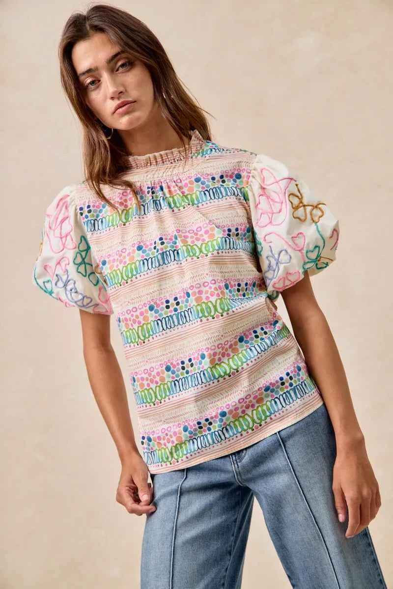 BiBi Ruffle Neckline Blouse With Embroidery Bubble Sleeve 5606da67bb964c89b7800d3419b055b9-Max-Origin