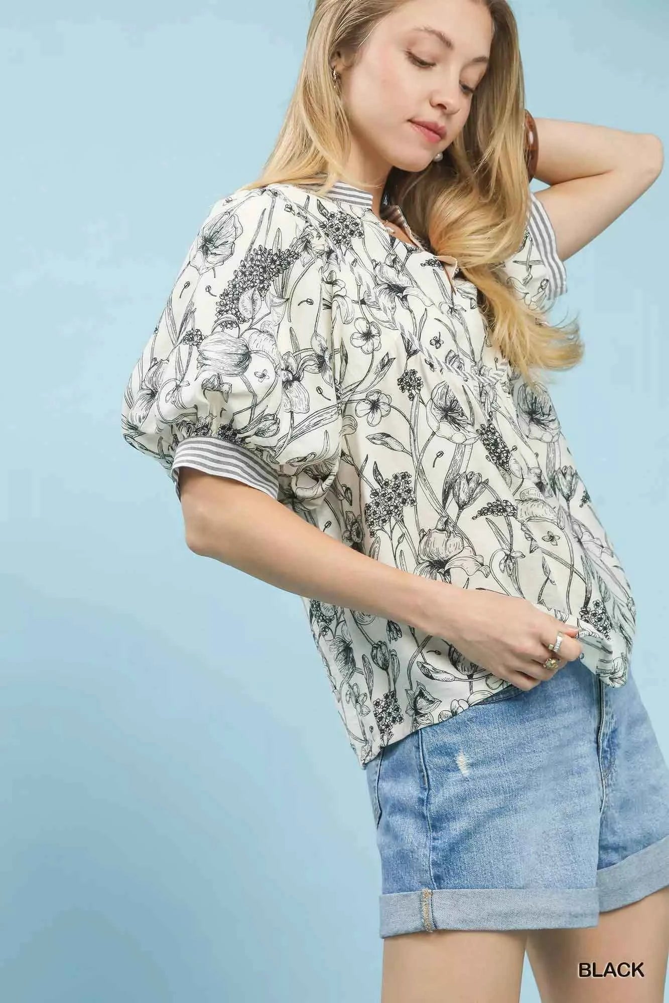 Umgee Mixed Print Puff Sleeve Split Neck Top 5606fa4c-ff72-4bea-b622-4c99a72471ba-Max-Origin