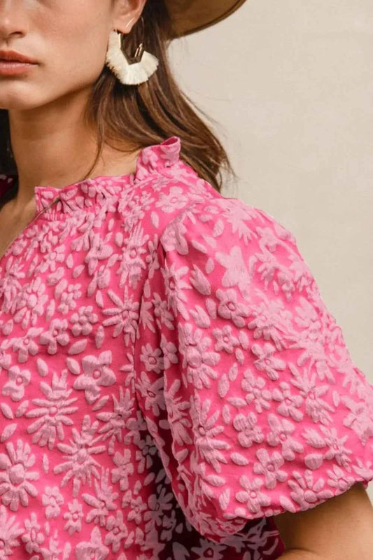 Floral Pattern Texture Short Balloon Sleeves Ruffled Blouse 56100d3d-b845-49e8-98b6-bf5e55143faa-Max-Origin