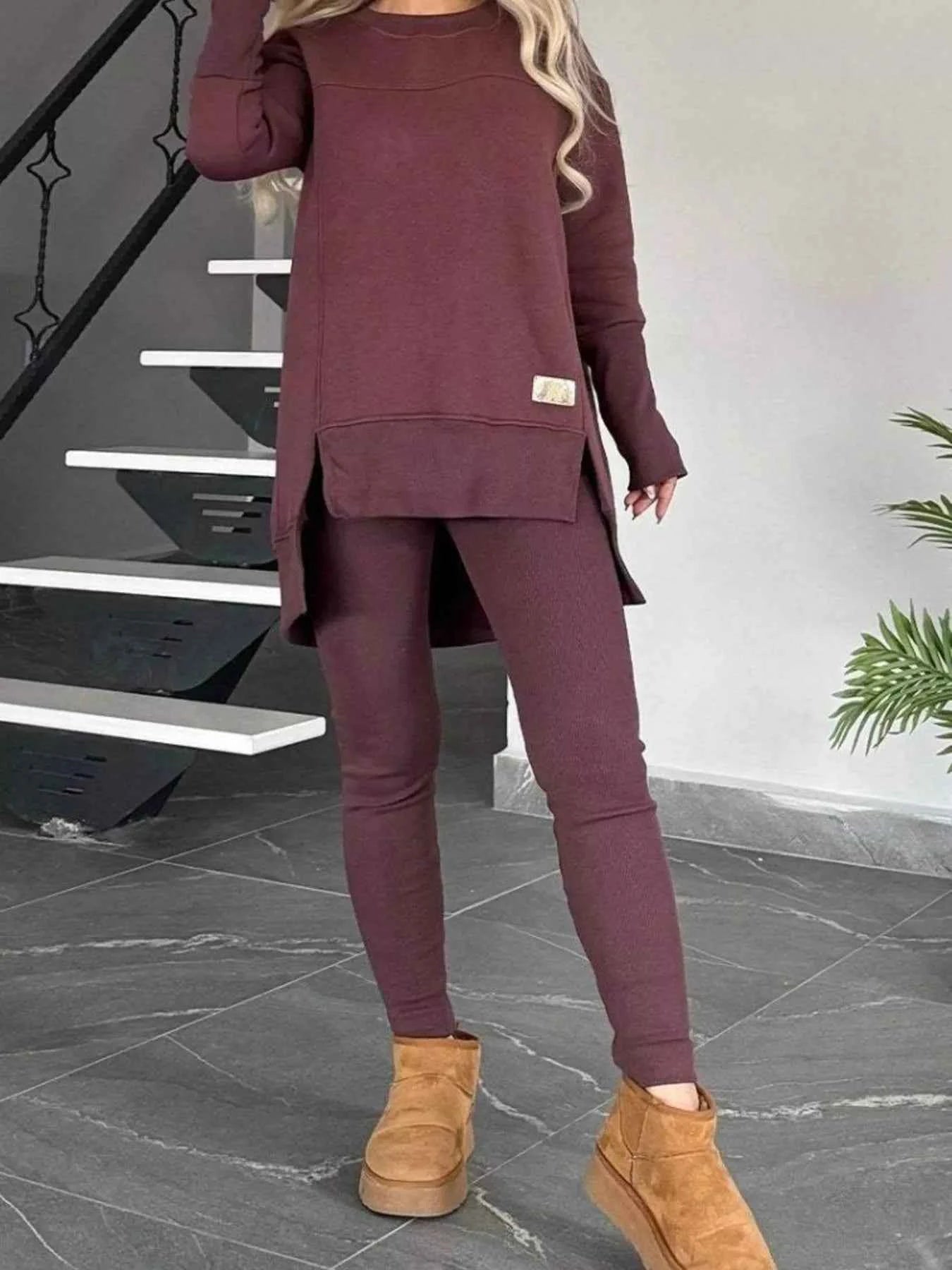 Full Size Slit Round Neck Top and Pants Set Plus Size Reddish Brown 561082a253fb463cbc0e72bb882ccc82-Max-Origin