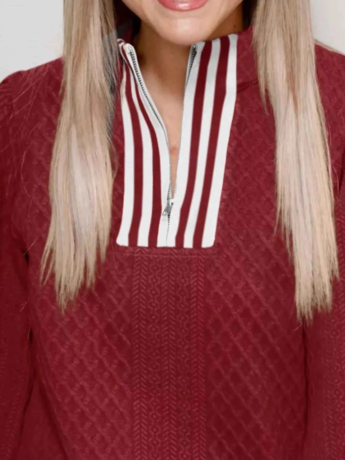 Striped Trim Zipper Blouse 5610e2b6-4fc3-4352-9966-637fb7cb2d3b-Max-Origin