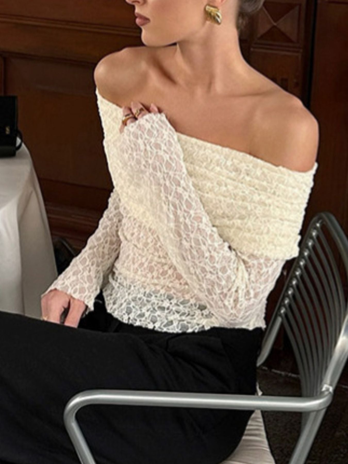 Off Shoulder Long Sleeve Lace Top Beige 56115942-922c-4e25-985a-421cbf88eb44-Max