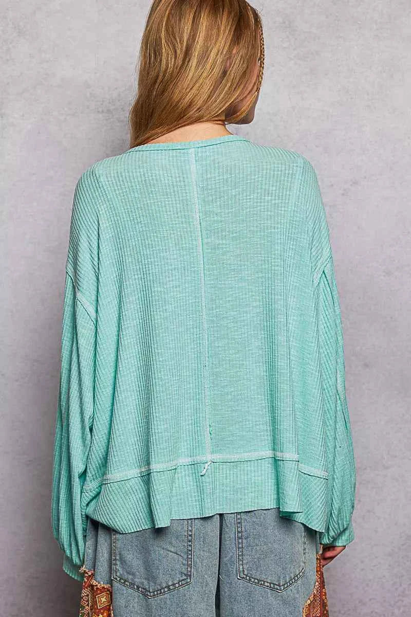 POL Round Neck Long Sleeve Exposed Seam Top with Chest Pocket 5616d8dc-71e1-4298-bfe9-de4ba0c6eeb4-Max-Origin