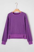 Evergreen Solid Color Raw Seam Patchwork Ribbed Drop Shoulder Sweatshirt 5620d8f06c187d58