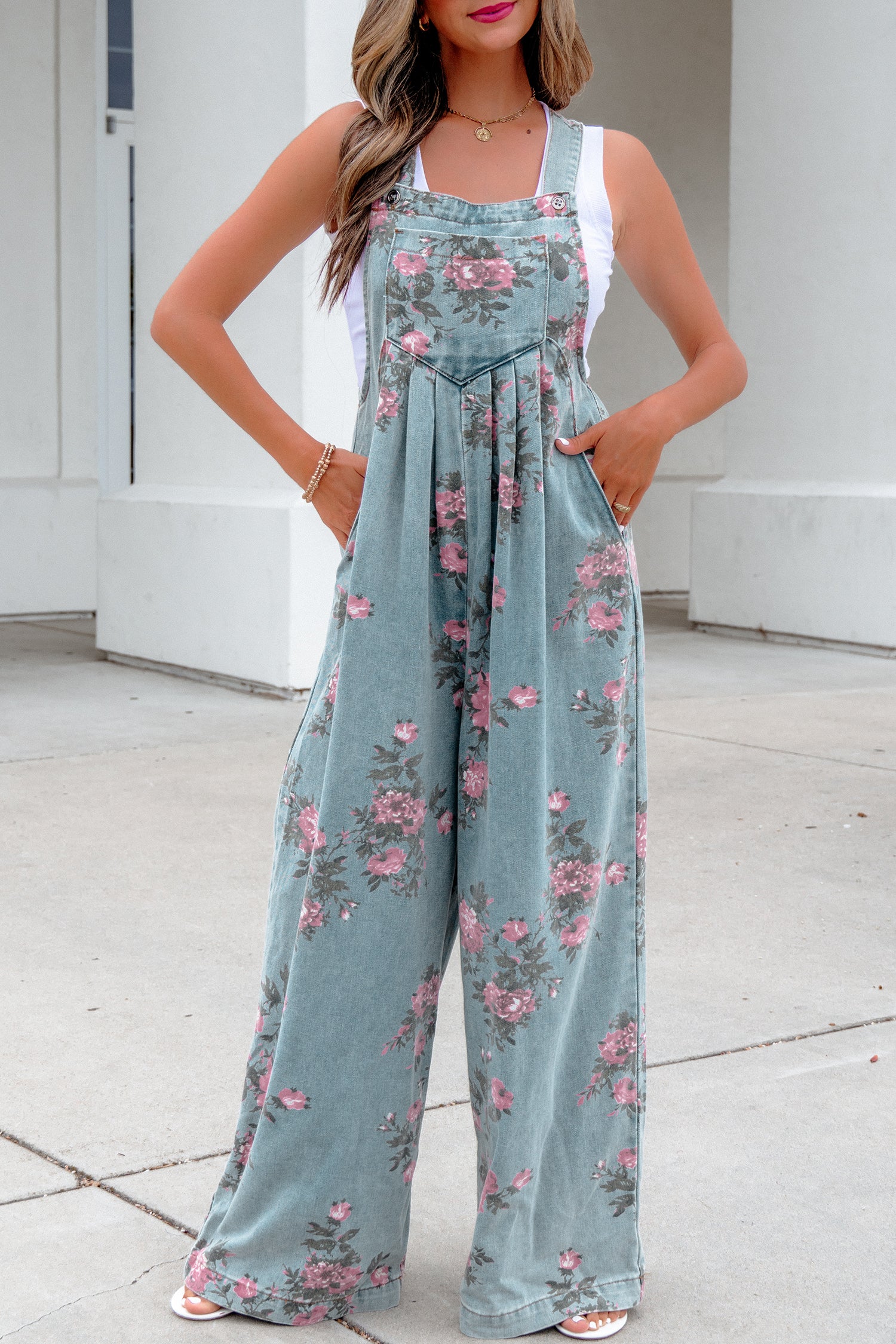 Beau Blue Floral Print Pleated High Waist Wide Leg Denim Jumpsuit 56269f865149bbb7