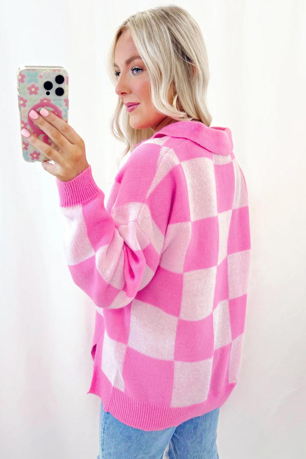 Pink Checkered Button Collared Sweater 5626c6179af8ead3