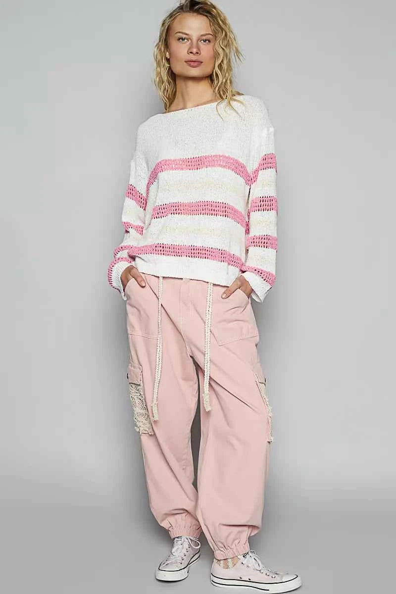 POL Striped Openwork Round Neck Knit Top