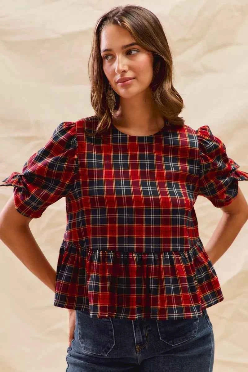 SO ME Christmas Holiday Plaid Ribbon Short Sleeves Top 5634023564654743899f0d30fc7d09e0-Max-Origin