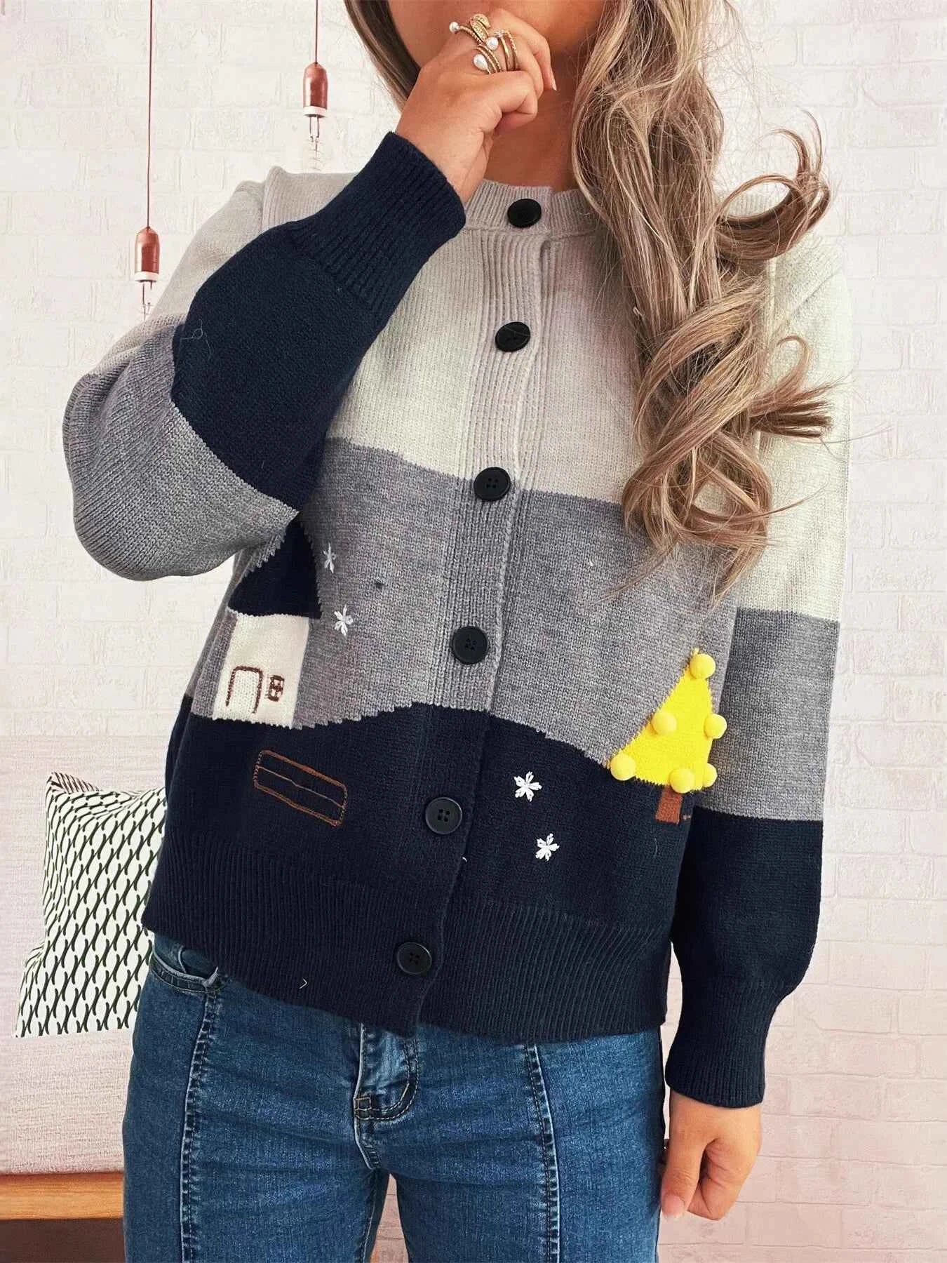 Color Block Button-Up Cardigan 563650d833d0401a82852a14c1843962-Max-Origin