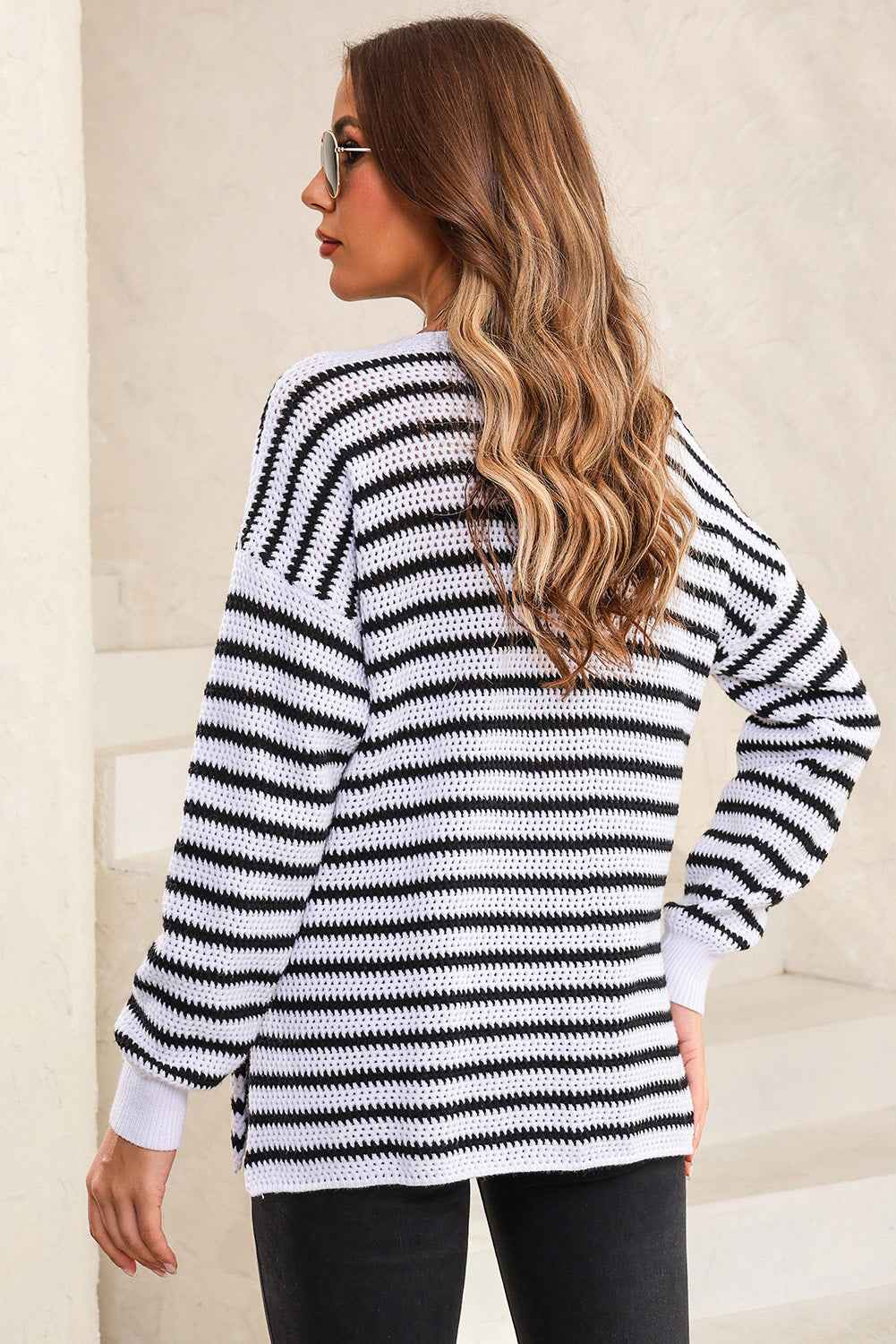 White Striped Knit Split Hem Baggy Sweater 563dd9eac380cb8e