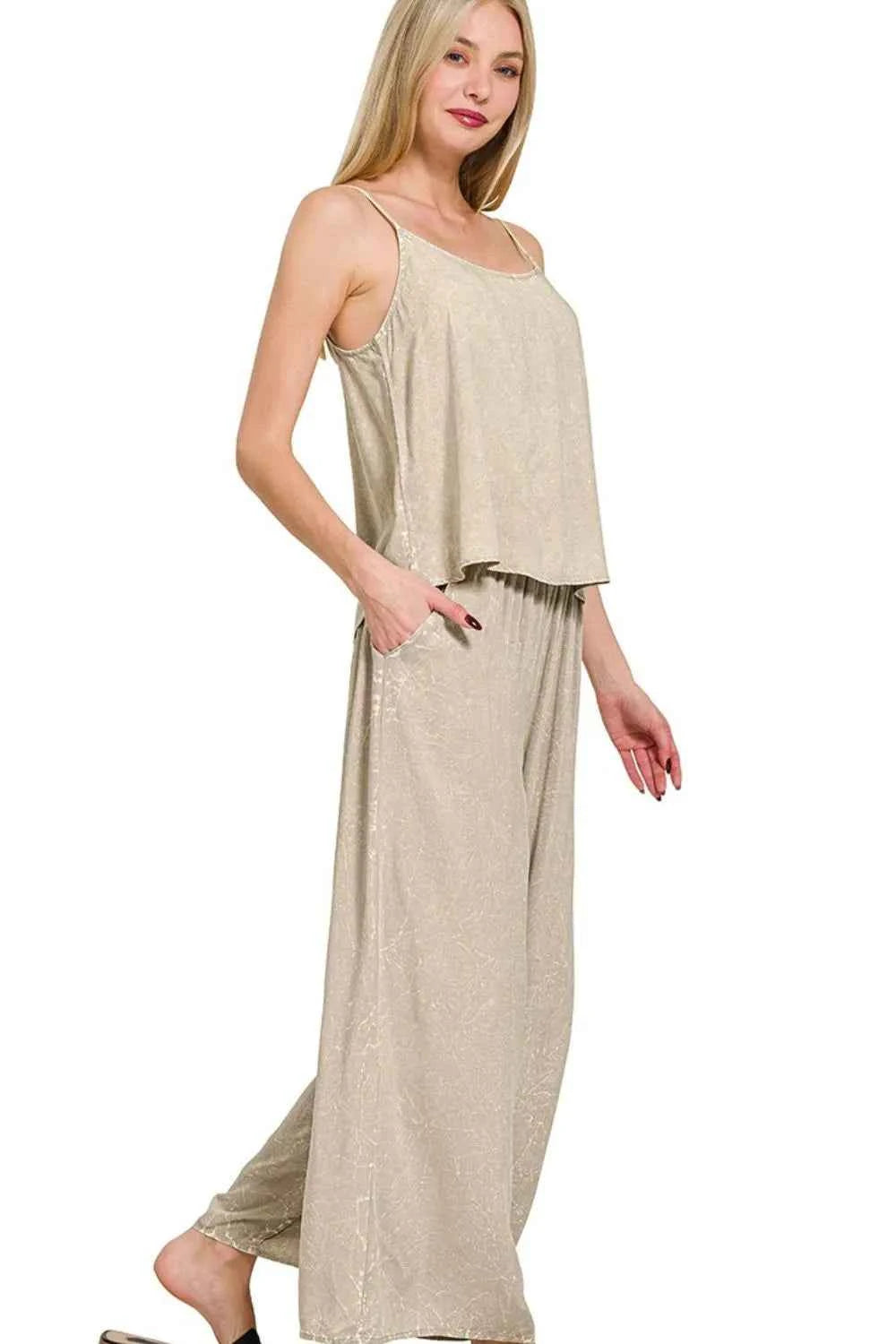Zenana Woven Acid Crinkle Washed Cami & Pants 2 Piece Set 563e9838-db1a-4d0b-8945-28491aca7c77-Max-Origin