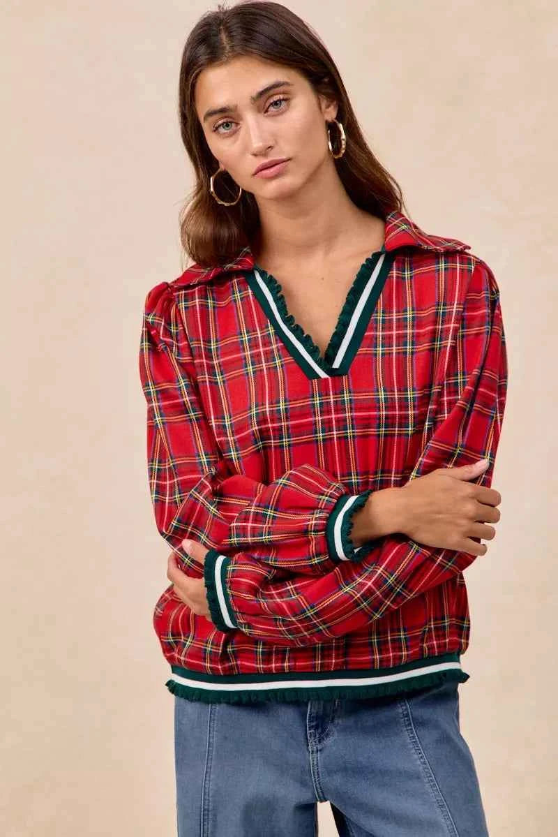 BiBi Christmas Plaid Collared Top with Ruffled Detail 5645434e9ed048feabd467d47cd1cc42-Max-Origin