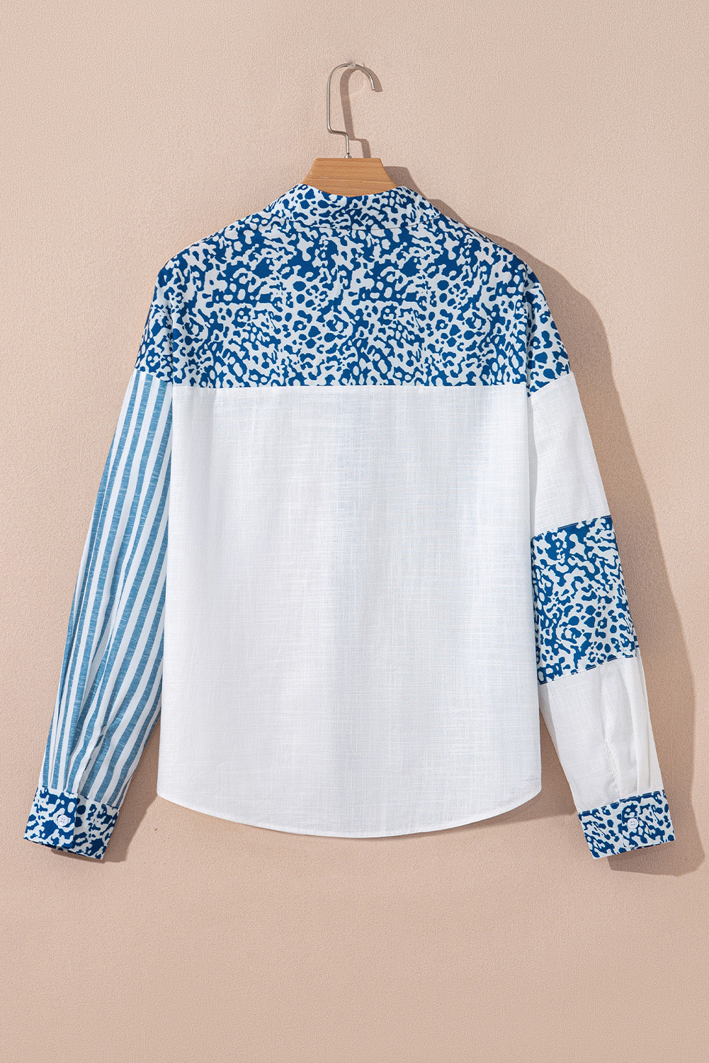 Sky Blue Leopard Striped Patchwork Button-up Shirt 564587f09932a911