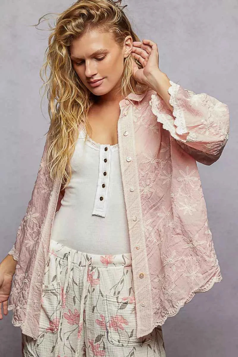 POL Embroidered Floral Collared Neck Shirt with Scalloped Edges Pink One Size 564ef2bc-3088-4787-883e-582e70215057-Max-Origin