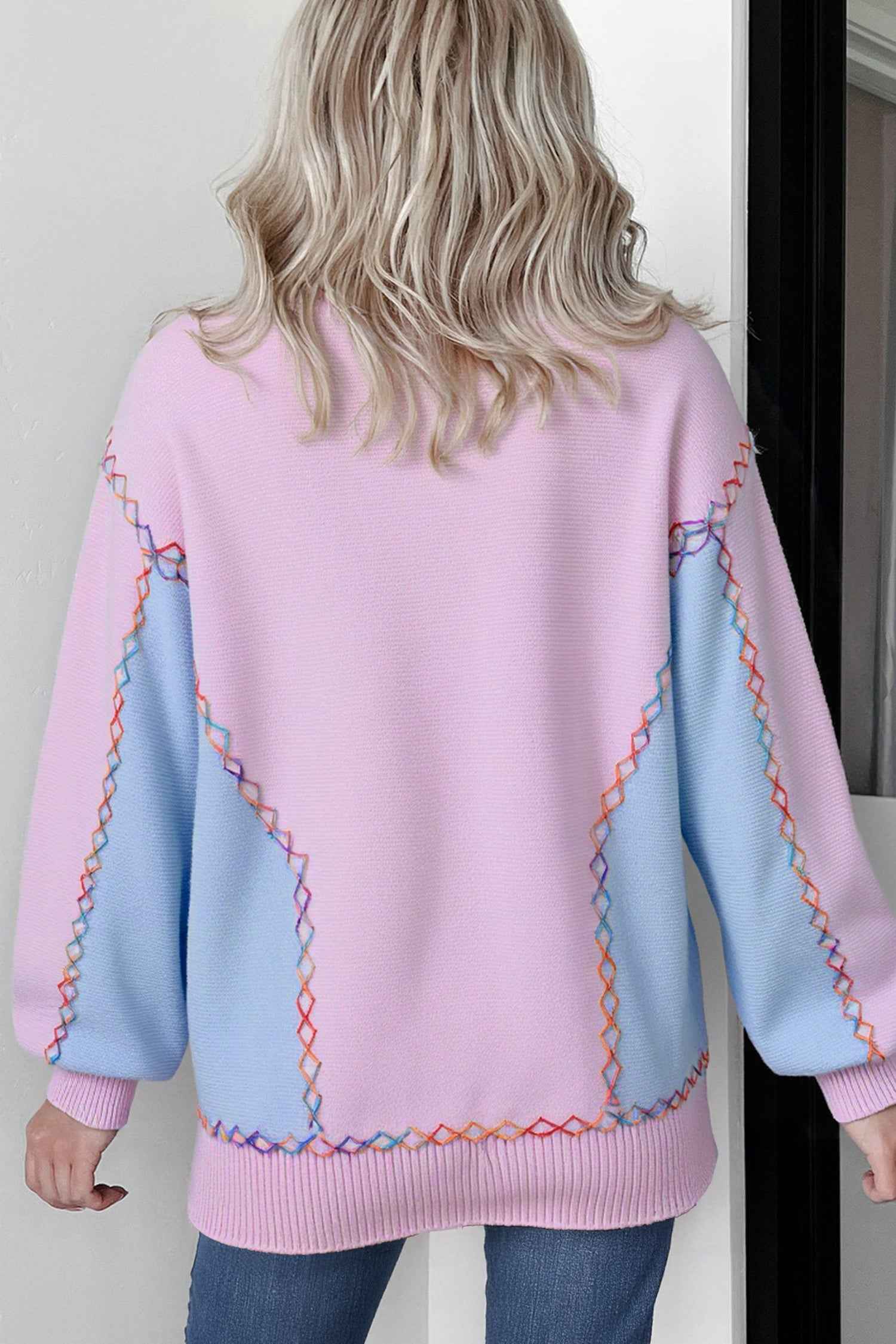 Orchid Bouquet Rainbow Stitching Balloon Sleeve Relaxed Sweater 56523a4849170161