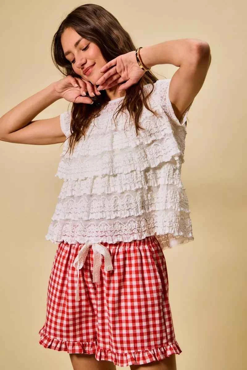 SO ME Ruffle Tiered Stretch Lace Short Sleeves Knit Top 56579a114dcc4370aba9b50b647c67d5-Max-Origin