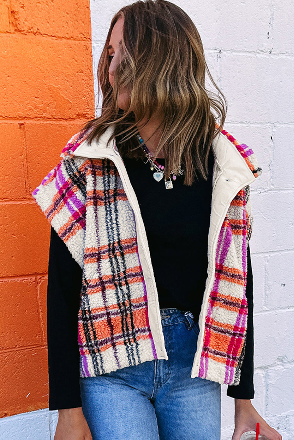 Rose Sherpa Plaid Collared Jacket Vest 5658177a91460bdd