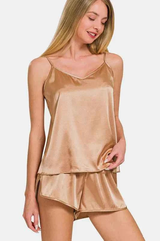 Zenana V-Neck Satin Cami and Elastic Waist Shorts Lounge Set 5658a787-fc9b-458d-ab1d-132cd636742d-Max