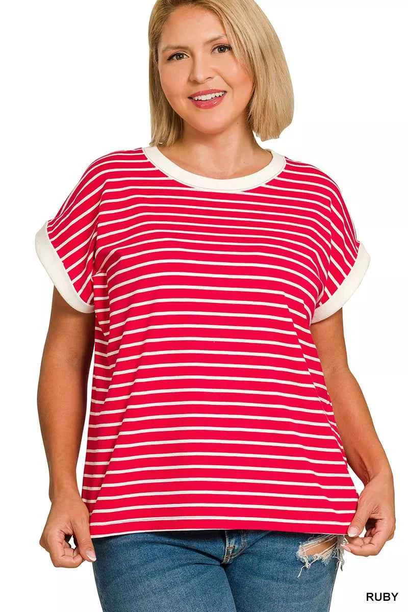 Zenana Full Size Contrast Trim Cap Sleeve Stripe Tee Plus Size 5658aef9-5086-47ec-8561-a167ebf11e44-Max-Origin
