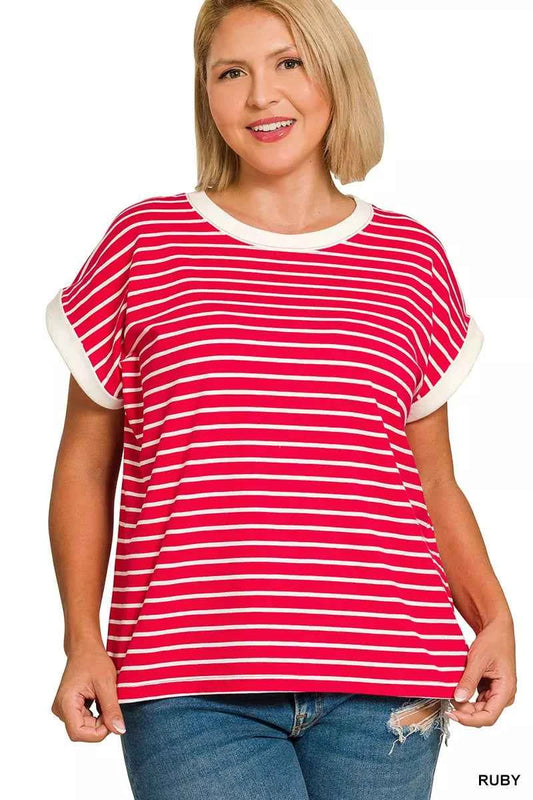 Full Size Contrast Trim Cap Sleeve Stripe Tee Plus Size 5658aef9-5086-47ec-8561-a167ebf11e44-Max-Origin