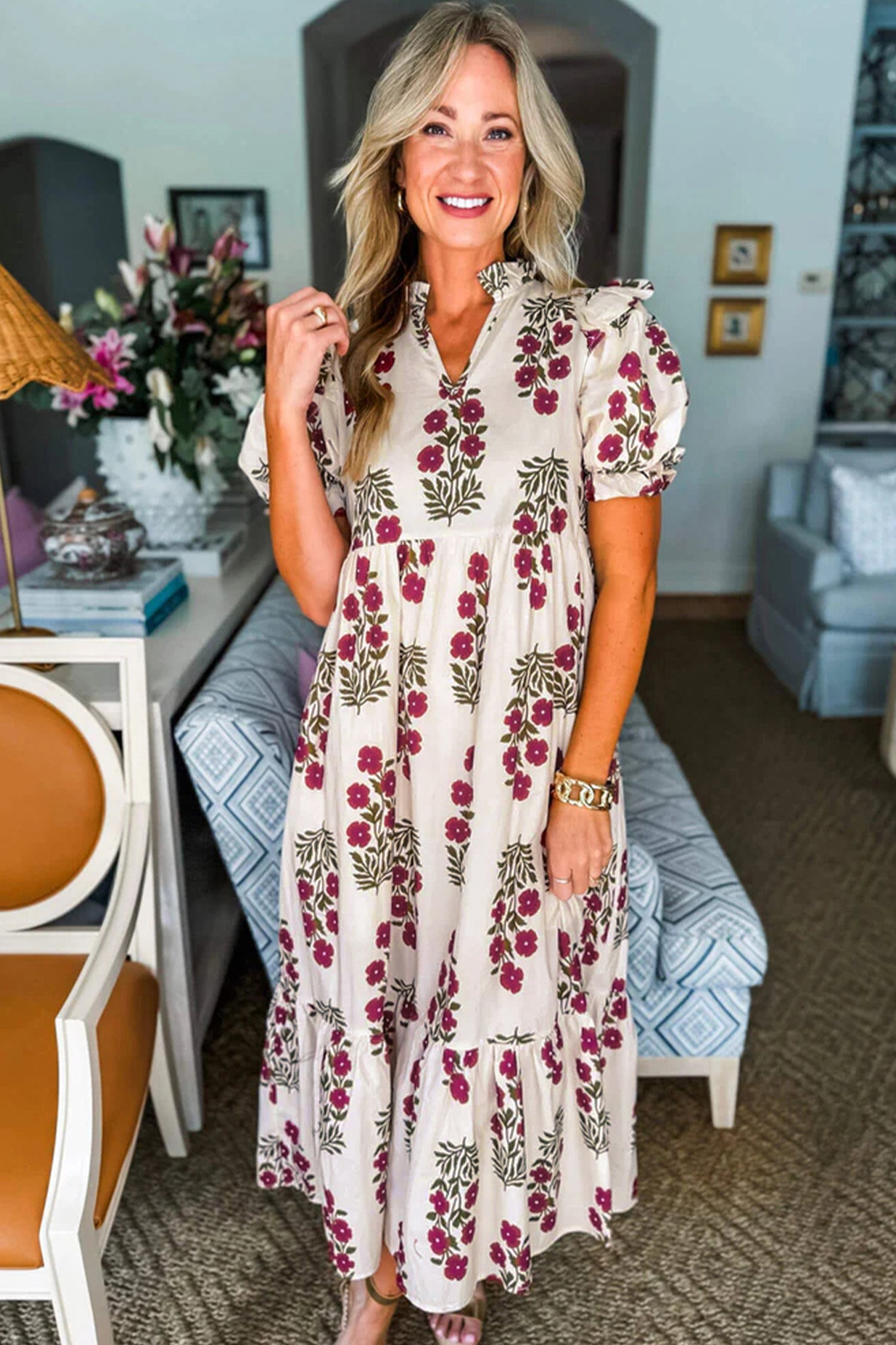 Black Floral Short Bubble Sleeve Tiered Maxi Dress 566004c4b8029f87