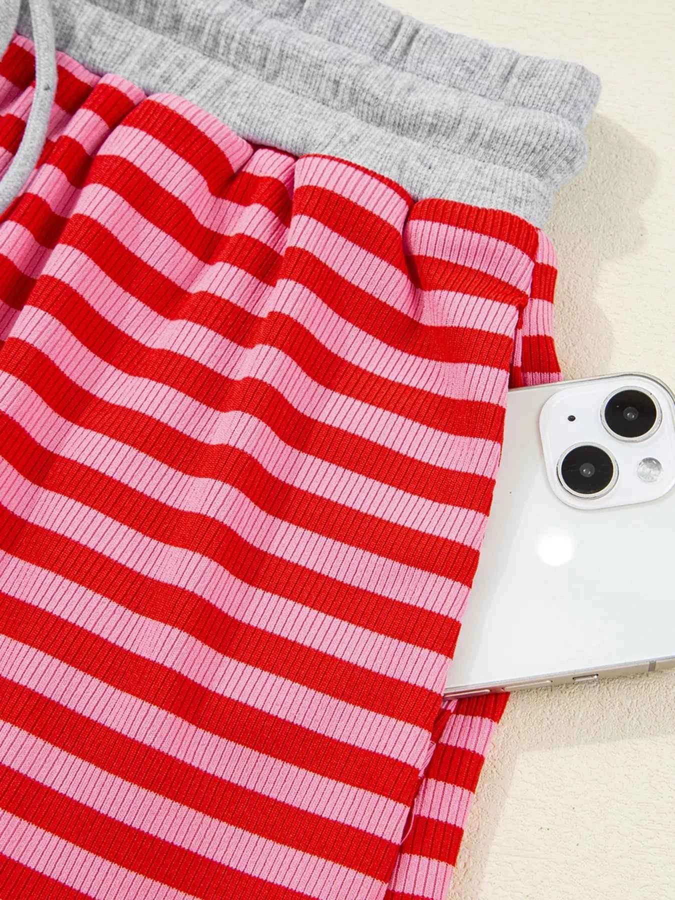 Stripe Drop Shoulder Baggy Top and Shorts Casual Set