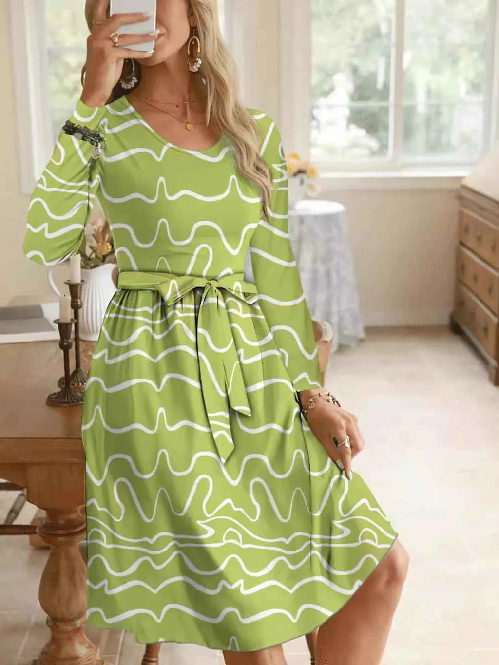 Wave Print Long Sleeve Tie Waist Dress 56631801f4d94ad792ed79342c05c0a9-Max-Origin