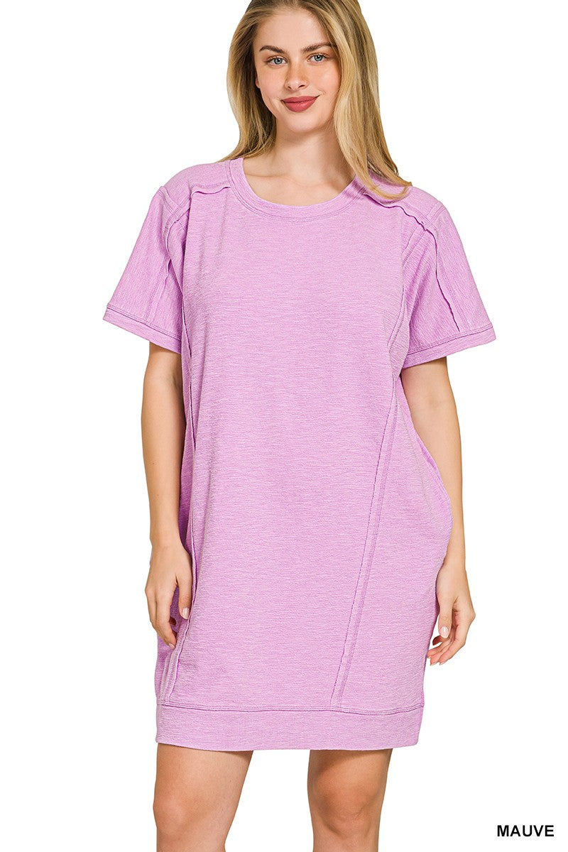 Zenana Washed Slub Short Sleeve Dress With Pockets MAUVE 5664699501854a31a62ed025b9508e21-Max