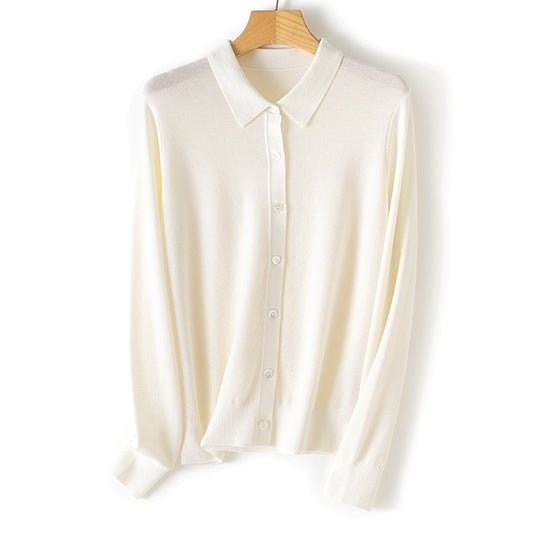 The Refined Wool Polo Cardigan Pearl White 56655FDBA3D549C7B01B124663B2DADE