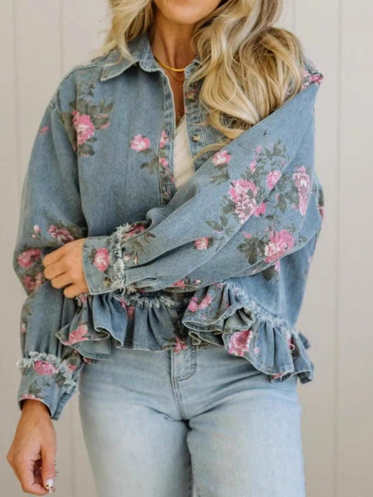 New Women's Retro Washed Floral Print Denim Jacket, Long-Sleeved, Collared, Ruffled Hem, Short Jacket, Summer Outfits For Womener. 56697de4-955e-4888-84e7-ca24dea04336