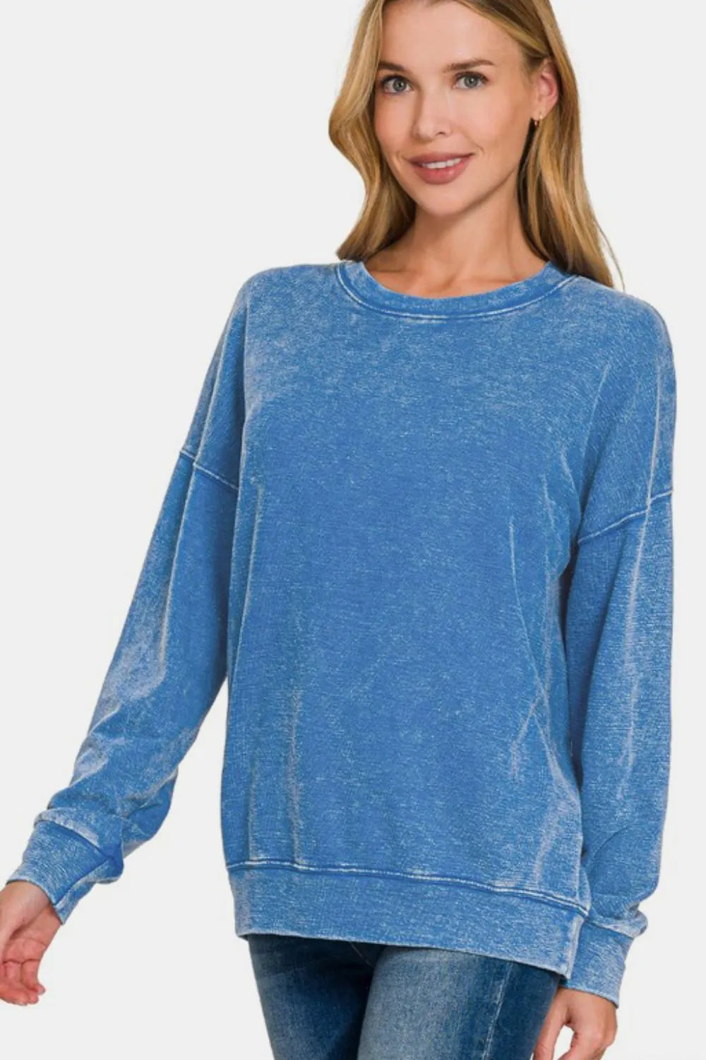 Zenana Washed Round Neck Dropped Shoulder Sweatshirt Blue 566a102f-8856-4164-8485-e5da8ae98e7e-Max