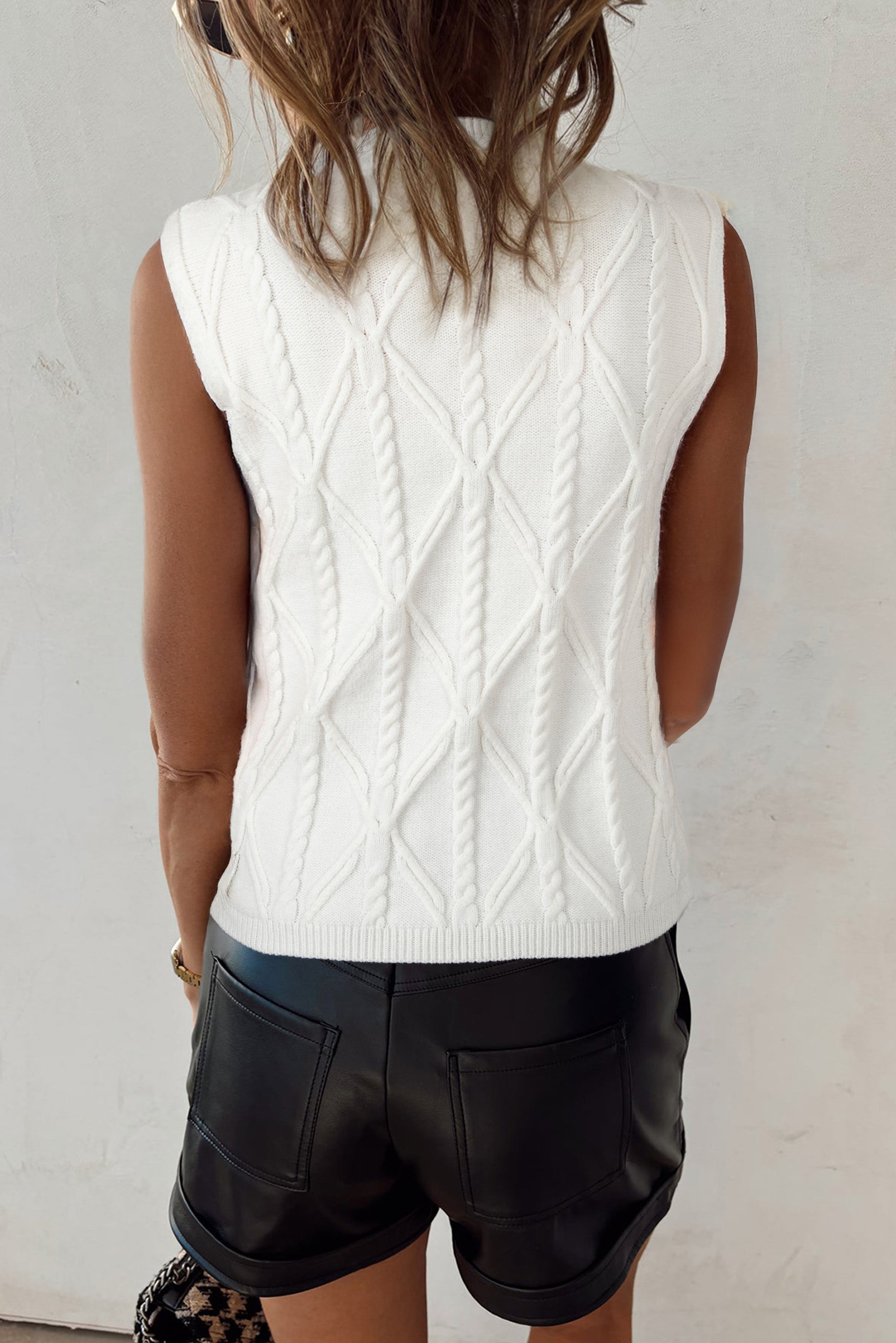 White Pearl High Neck Textured Knit Sweater Vest 567a1a0b9e2ded0e