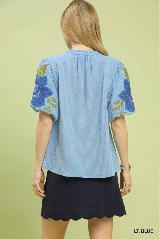 Textured Jacquard V-Neck Bubble Sleeve Top 568365a4-4b88-4929-8963-f2f775311ae7-Max