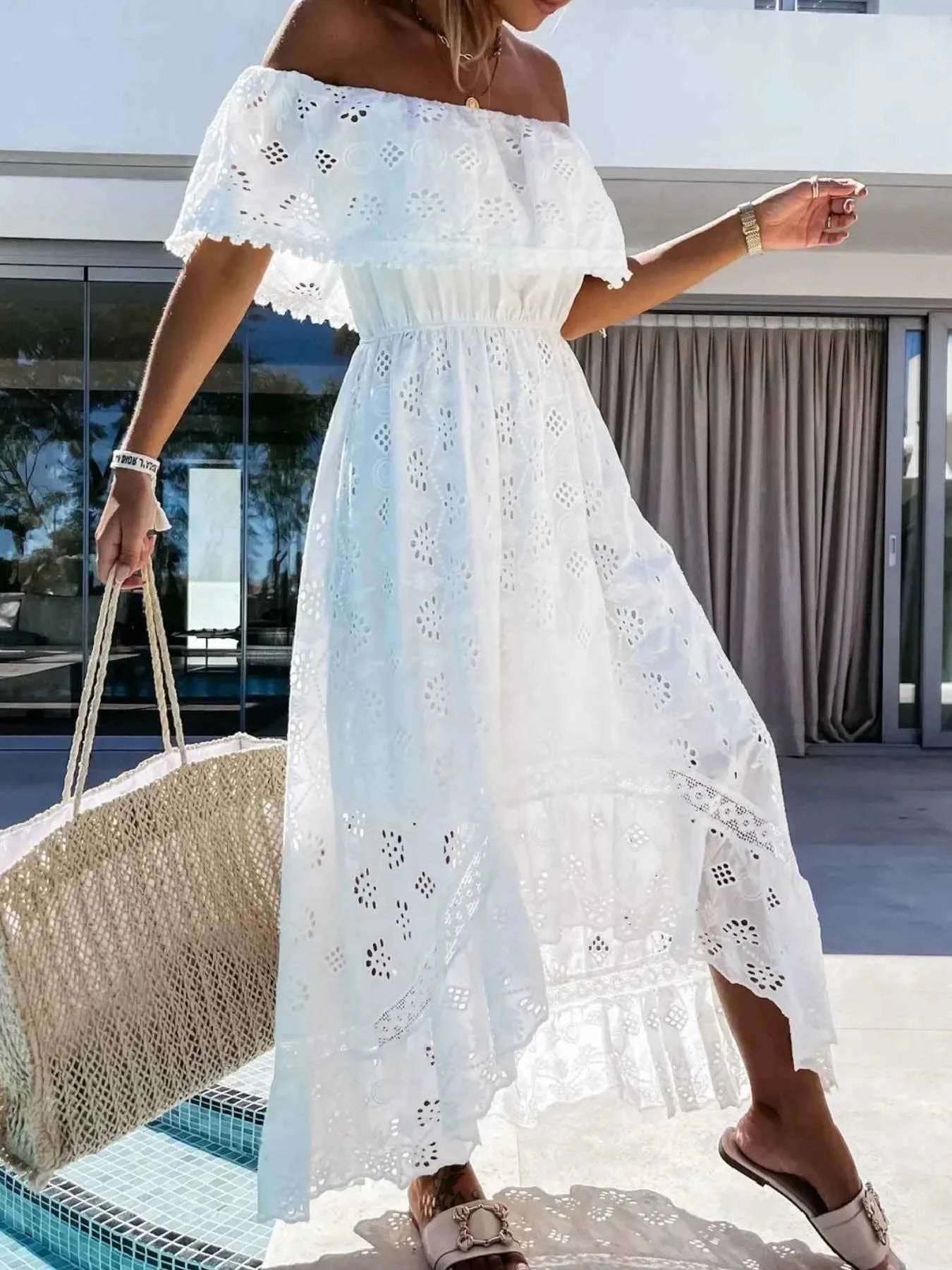 Eyelet Ruffled Hem Off-Shoulder Dress 56881d43-6baf-41fa-8bfd-7f186309e3cd-Max-Origin
