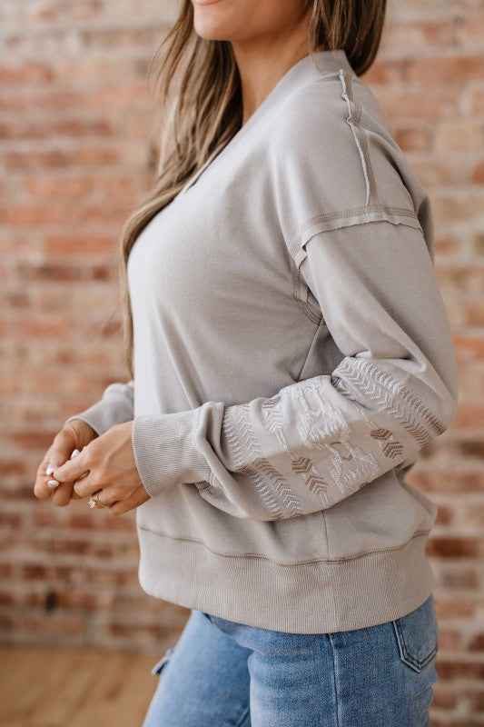 Western Aztec Embroidered Sleeve V-Neck Sweatshirt 5688c66e-8e9d-4de8-8408-6f62c8beafe8