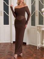 Off-Shoulder Ruched Mesh Long Sleeve Maxi Dress 568ca0a79a5643a1bade79ec645029ca-Max-Origin
