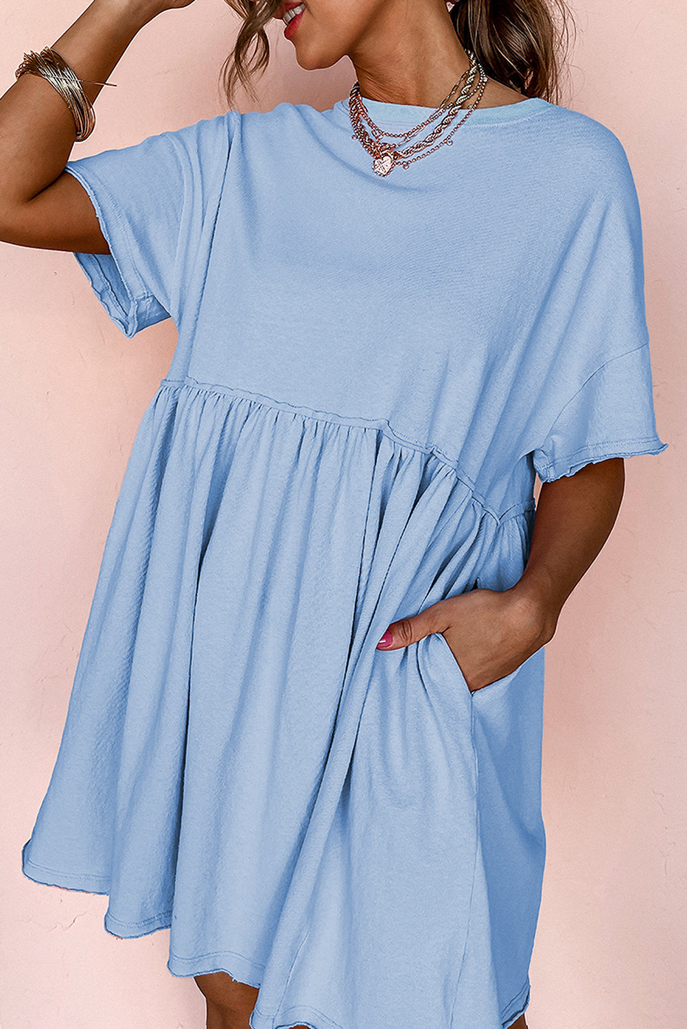 Light Pink Solid Color Pocket Raw Edge Babydoll Dress 568cd52b7477b3ba