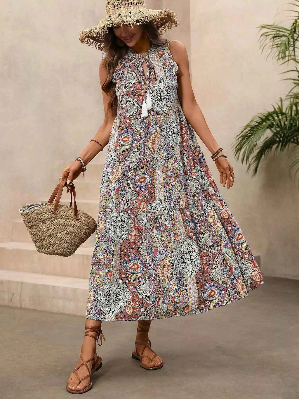 Paisley Print Tie Neck Sleeveless Midi Dress 569138f8a08a45c092439a59bd898899-Max-Origin