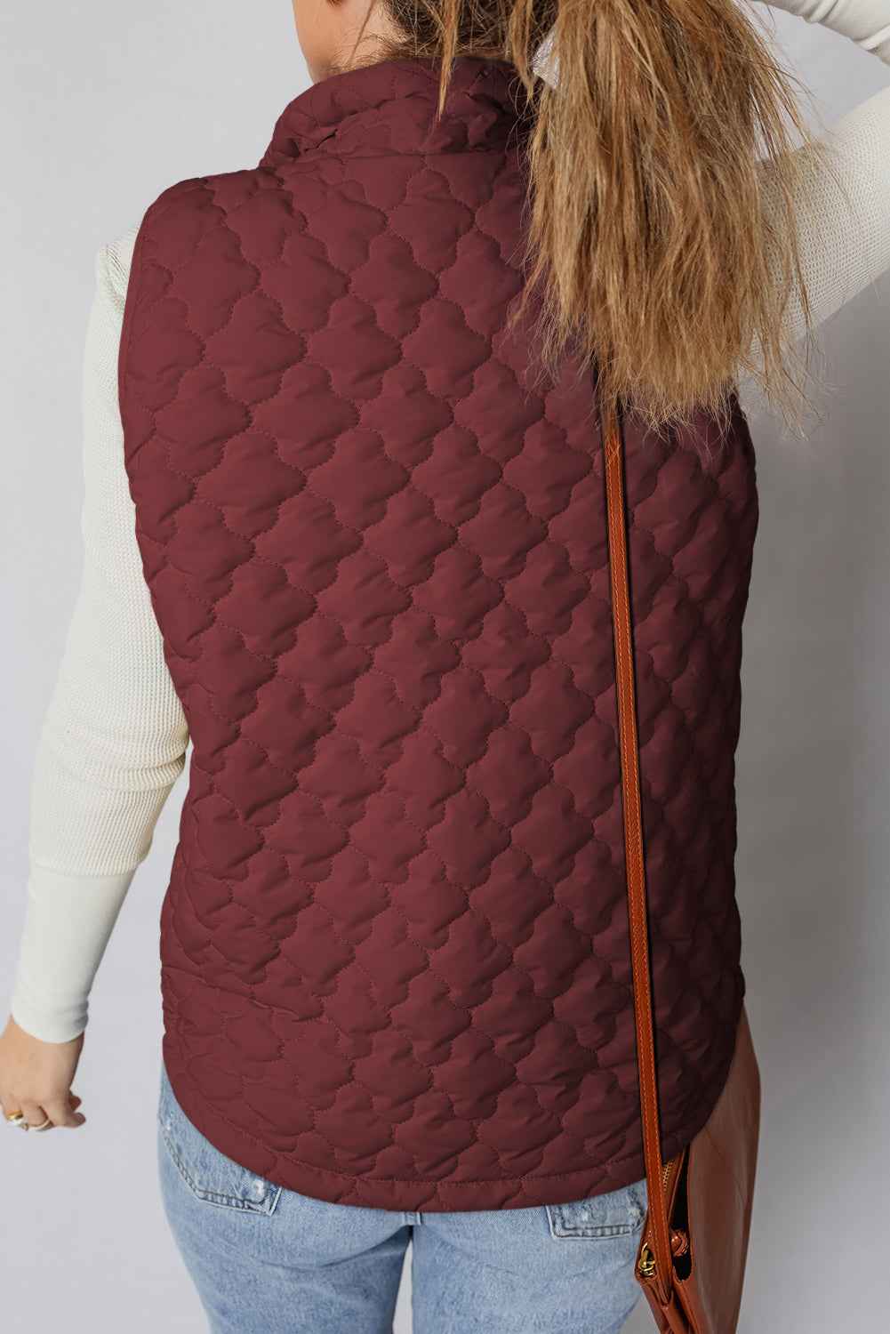 Dark Brown Flower Shape Quilted Snap Button Zip Up Winter Vest 569cc192f604f097