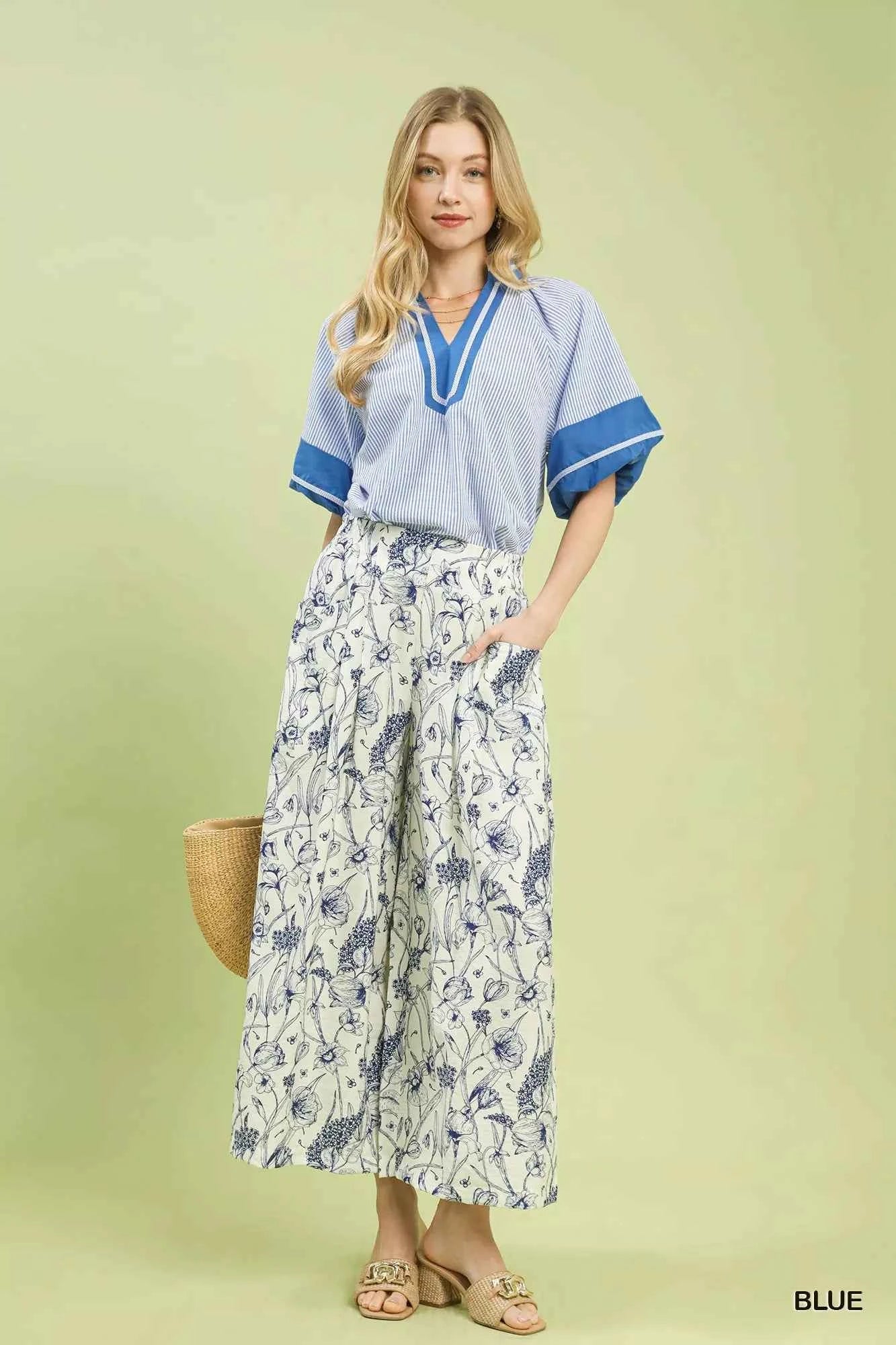 Umgee Two Tone Floral Print Pants 569e67dc-f9c3-4a76-a0a0-dd899d4d0cb5-Max-Origin