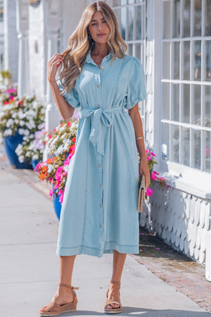 Beau Blue Full Buttons Collared Short Bubble Sleeve Long Denim Dress Beau Blue 100%Cotton 56a3f327b830de53