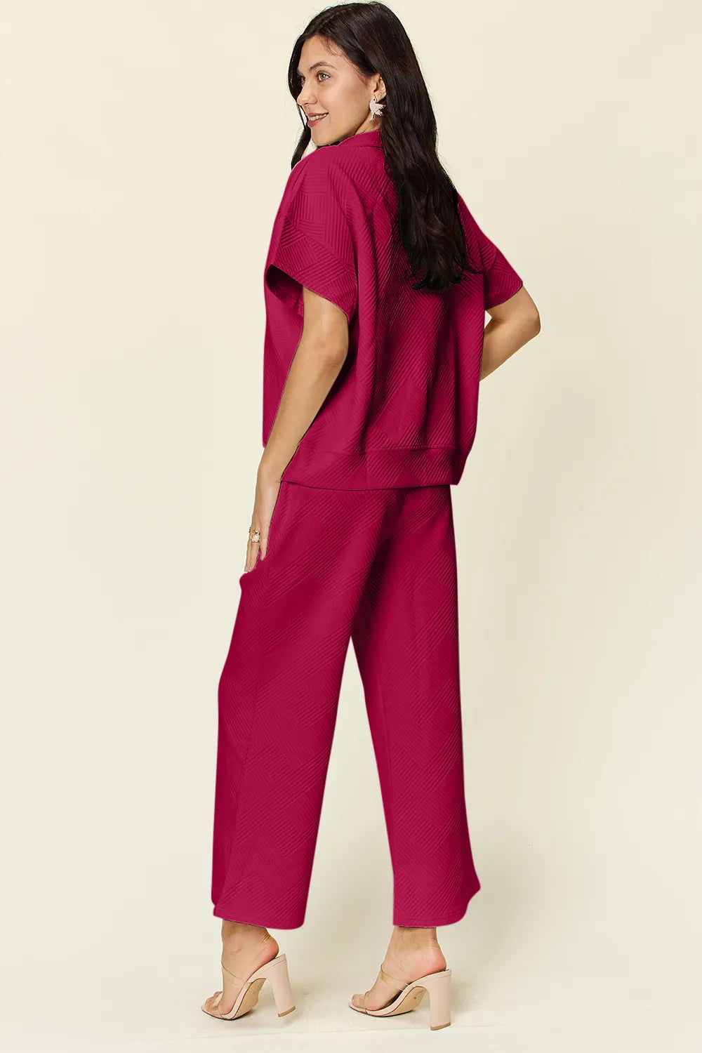 Double Take Full Size Texture Half Zip Short Sleeve Top and Pants Set 56a6da51-dd0c-487a-af92-471acee71dc6-Max