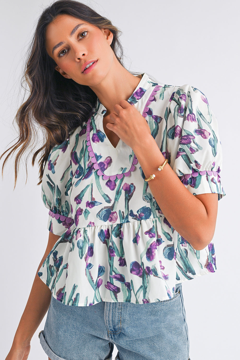 Purple Floral Ricrac Trim Puff Sleeve Peplum Blouse 56a7f95789d4478a